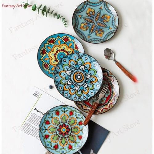Korean Hand-painted Underglaze Ceramic Plate Salad Plate, Porcelain Plate, Dessert Sandwich Plate with Floral Decoration