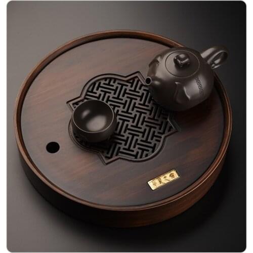 Round BambooTea Tray Water Storage Chinese Tea Borad Kung Fu Tea Set tea Table Retro Window Grille Design