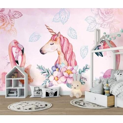 Custom made childrens room background 3d wallpaper flamingo unicorn flower and bird background wall 3d wallpaper