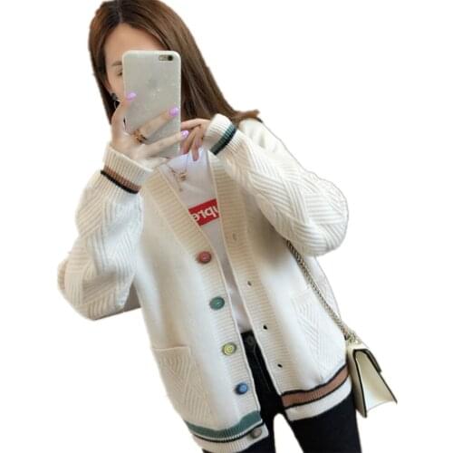 Autumn Womens Pocket Sweater Jacket Loose Womens V-Neck Long Sleeve Outer Knitted Student Cardigan overcoat Female