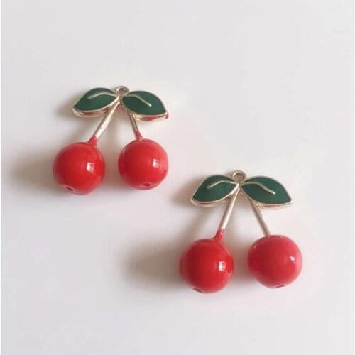 27*25MM 20Pcs Glazing KC Gold Color Red Cherry Alloy Pendants Jewelry Charms