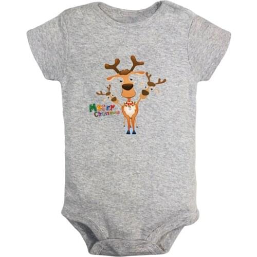Merry Christmas Three Cute Christmas Elk Bells Printed Newborn Baby Girl Boys Clothes Short Sleeve Romper Outfits 100% Cotton