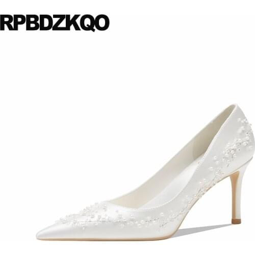 Handmade 8cm Girls Pearl Women Ivory Pointed Toe Satin Pumps High Heels Bridesmaid Bride Thin Silk White Beaded Wedding Shoes