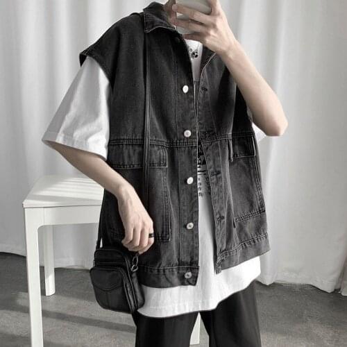 Korean Style Vintage Cargo Vest Mens Turn-Down Collar Single Breasted Spliced High Street Loose Sleeveless Fashion Vest Jackets