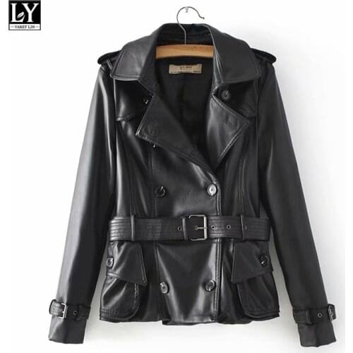 LY VAREY LIN 2020 New Autumn Faux Leather Jackets Women Tailored Collar Double Breasted Belt Black Motorcycle Slim Outerwear
