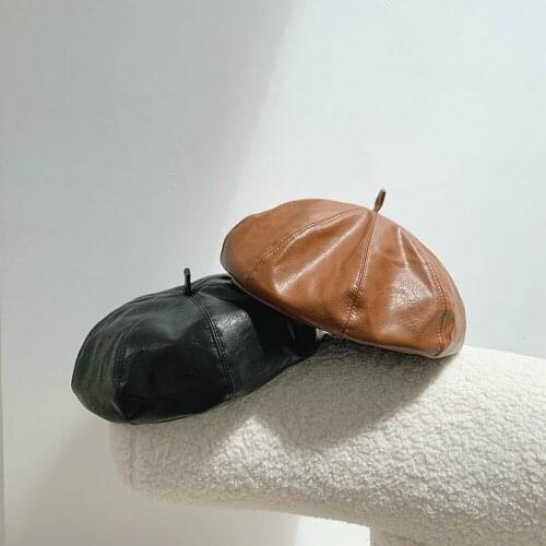 Women 2020 Version PU Leather Versatile Fashion Hat Autumn Winter Bud Black Coffee Girl 56-58cm Octagonal Hat Leisure Travel