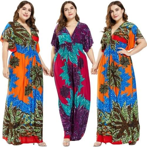 Plus Size Womens Floral Printed V-Neck Short Sleeve Long Maxi Dress Boho Summer Party Sundress Casual Beach Holiday Gowm M-6XL