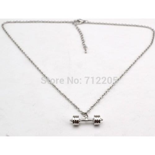 Fitness Weightlifting Gym necklace rhodium plated Dumbbell barbell weight charm chain necklace (A1119)