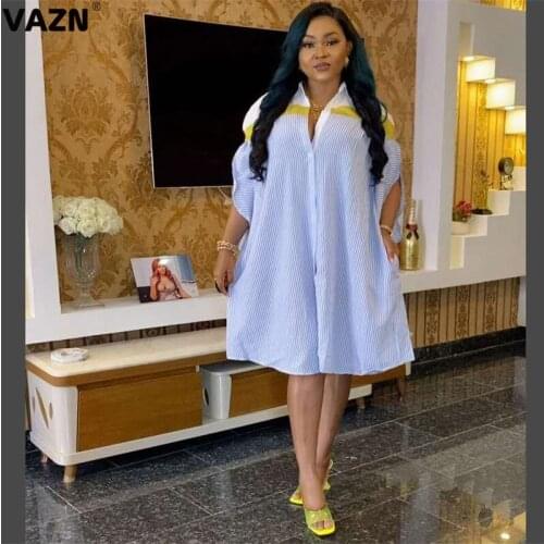 VAZN 2020 Hot High-end Patchwork Striped Energy Young Sexy Sweet Chiffon Daily Style Full Sleeve Women Nature Loose Midi Dress