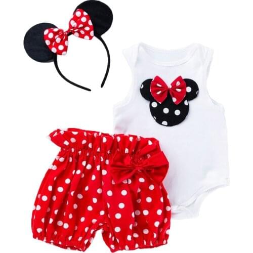 0-24M Baby Clothes Set Newborn Summer Mickey Romper Shorts and Headband 3 Pcs Outfit Infant Girl Dots Jumpsuit Toddler Bodysuits