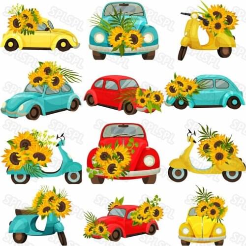 Diy Diamond Painting Cartoon Cute Color Red Yellow Blue Car Yellow Cute Electric Car Decorated By Yellow Sunflower Car Poster