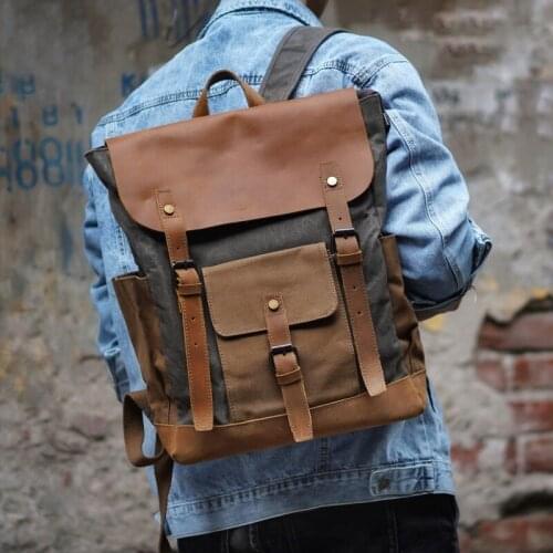 American Retro Travel Backpack Waterproof Computer Bag Oil Wax Canvas Bag Crazy Horse Leather Backpack Men and Women Outdoor