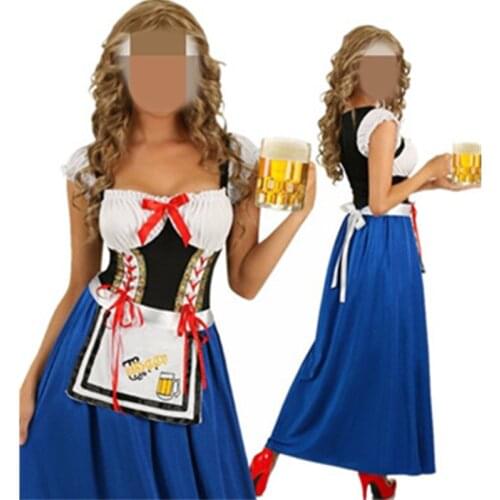 Free Shipping 2016 New Arrival Fancy German Beer Maid Costume Blue Women Sexy Beer Oktoberfest Cosplay Costume Dress