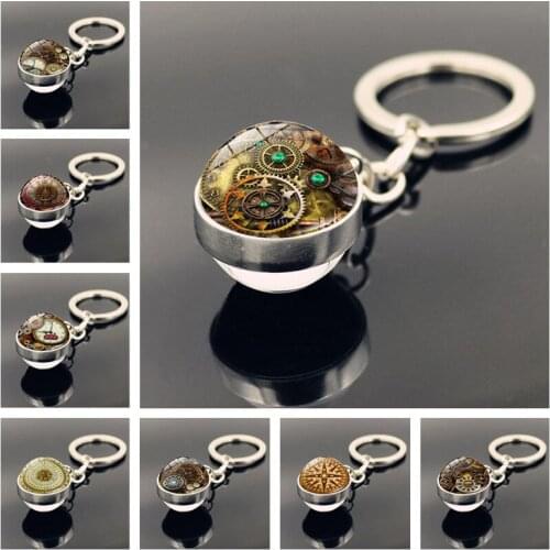 SteamPunk Keychain Jewelry with Silver Color Double Side Glass Ball Clock Art Picture Keychain Holder for Men Gift