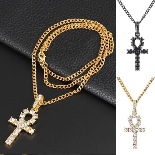 Men Women Alloy Necklace Hip Hop Iced Out Ankh Cross Pendant Tennis Chain CZ Egyptian Key Of Life Pendant Necklace Jewelry Gift