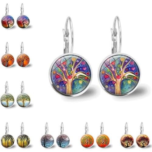 Tree of Life Time Gemstone Silver Color Earrings Earrings French Women Ear Hooks Tree of Life Glass Dome Jewelry for Women