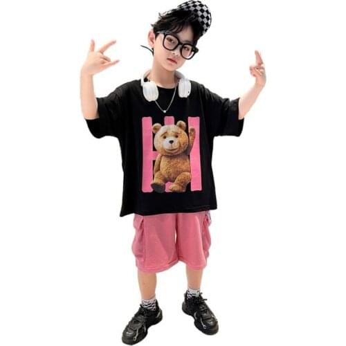 Hip Hop Style Summer Suits for Boy Oversized Cartoon Bear Print Short Sleeve T-shirt +shorts 2pcs Sets Clothes for Teenagers