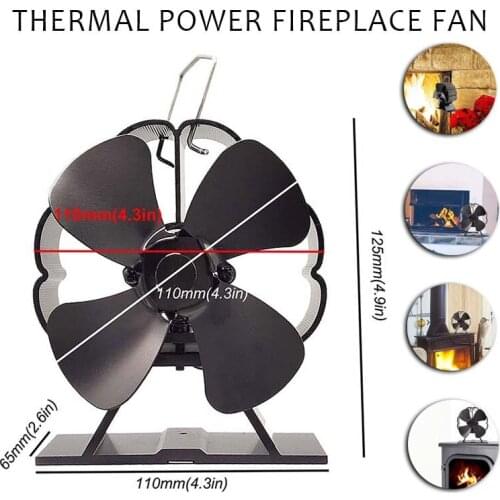 4 Blades Fireplace Fan Black Heat Powered Stove Fan Log Wood Burner Eco Quiet Fireplace Fan Home Efficient Heat Distribution