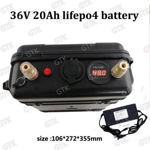 GTK waterproof lifepo4 36v 20ah battery 2 USB ports with BMS for 36v li ion 750w electric bike bicycle motorcycles + 3A charger