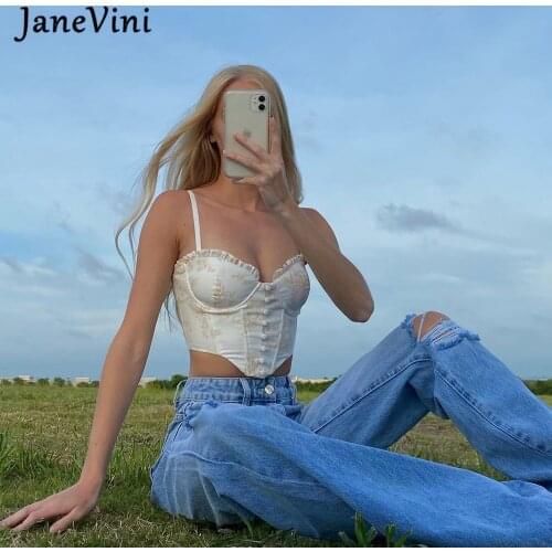 JaneVini 2021 Sweet Fashion Print Sleeveless Bustier Corset Crop Tops with Button Summer Female Satin Green Women Tops Backless