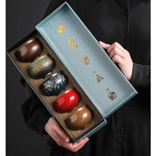 80ml Ceramic Tea Cup Set Of 5 Cups Porcelain Chinese Kung Fu Cups set Pottery Drinkware Water Cup Tableware Gift Box