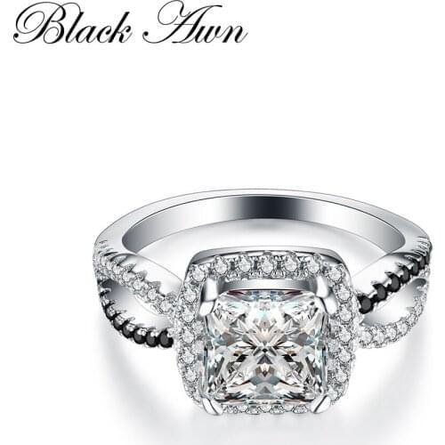 Fashion 100% Genuine 925 Sterling Silver Ring Jewelry Square Black&White Stone Engagement Rings for Women Bague Bijoux C184