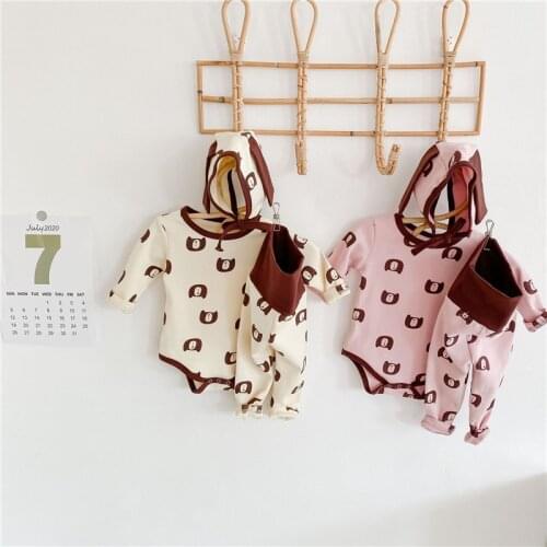2020 Autumn new baby clothing set infant boys bodysuit high waist pants and hat 3pcs set bear print baby girls suit