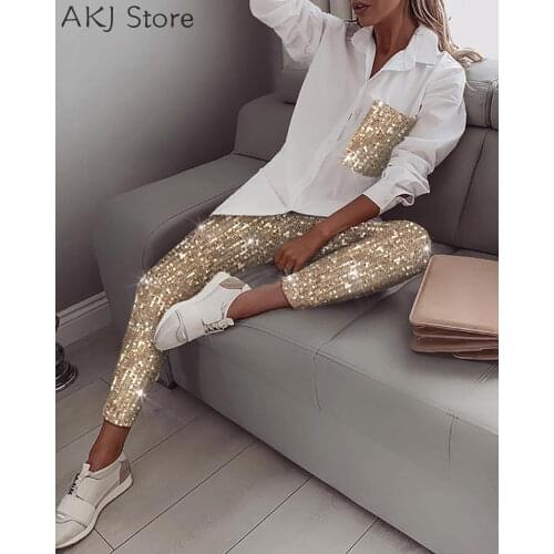 Shiny Sequin Snake Patchwork Long Sleeve Shirt & Glitter Shiny Pant Sets