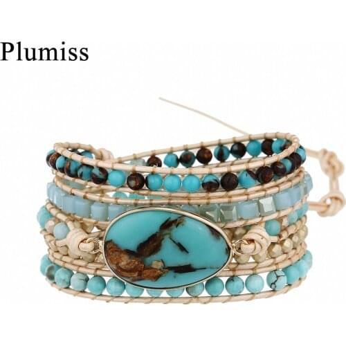 Plumiss Copper Turquoises Wrap Bracelet Natural Stone 5Layers Hematite Amazonite Geometric Beads Boho Bracelet Jewelry for Women