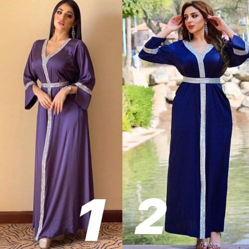 Muslim Fashion Elegant V-length Skirt Abaya Womens Robe Dubai Turkey Blue Purple Belt Belt Djellaba Diamond Islamic Dress 2021