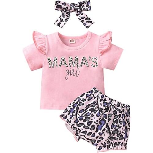 OPPERIAYA Baby Girls Summer Three Piece Set Fly Sleeve Lettering T-shirt Leopard Print Shorts Hair Band for Baby
