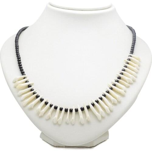 Handmade White Tribal Wolf Tooth Black Glass Beads Chain Necklace For Women