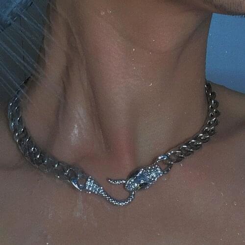 HUANZHI 2021 New Hip Hop Punk Metal Silver Color Rhinestone Snake Chain Necklace for Women Girls Men Couple Jewellery