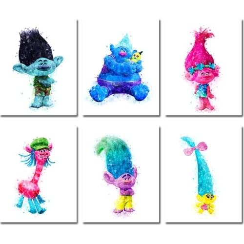 Trolls Prints Poppy Creek Branch Cooper Biggie Smidge Watercolor Painting Trolls Printable Wall Art Trolls Birthday Nursery Baby