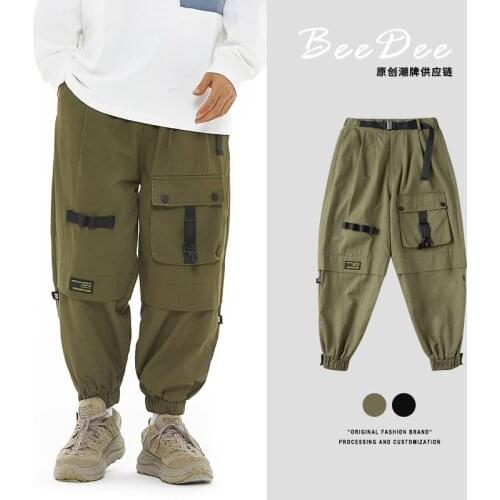 Work pants mens multi-pocket tie feet to close casual pants men men