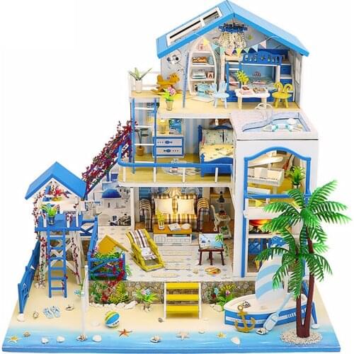 Romantic Aegean DIY Assembled Cabin Wooden Beautiful House Model Mini Puzzle Toys Art Christmas Gift Without Dust Cover