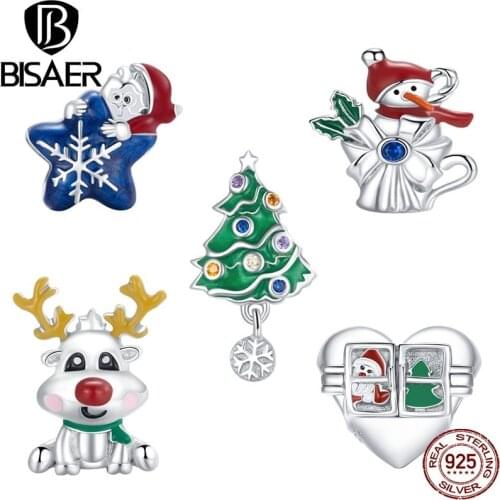 Bisaer 2020 Christmas Series 925 Sterling Silver Snowman Christmas Tree Beads Fit Charms Bracelet & Bangle Jewelry Gift EFC372