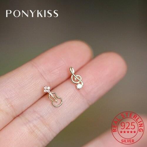 PONYKISS Real 925 Sterling Silver Music Guitar Notes Zircon 14K Gold Stud Earrings For Women Punk Fine Jewlry Gift Drop Shipping
