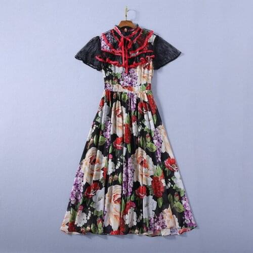 Chic womens sweet ruffles 2021 Summer floral print runways Stand collar chiffon dress B768