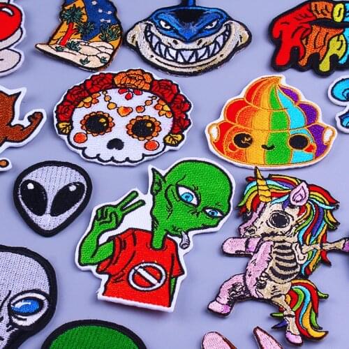 Cute Alien Patch Iron On Patches For Clothes Unicorn Skull Embroidered Patches For Clothing Stripes Applique Rainbow Patch Badge