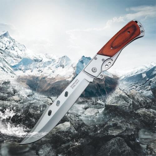 Handmade Folding Survival Hunting Knife With Wood Handle Outdoor Survival Knives Hunting Camping Pocket Knife Gift Knife Bag