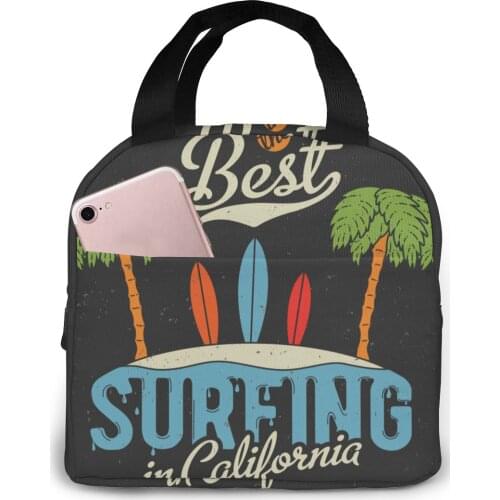 Lunch Bag Surfing California With Palms Beach Thermal Insulated Box Tote Cooler Bag Bento Pouch Lunch Container Food Storage Bag