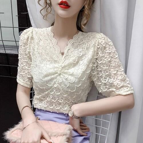 2021 Summer Hollow Out Slim Lace Tops Women Korean Fashion Clothing Vintage Streetwear Short Sleeve Blouse Clothing 9376