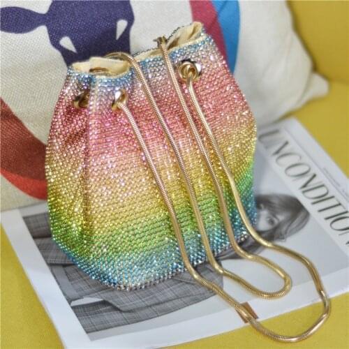 Mini Womens Bucket Bag Multicolor Rhinestone Diamond Beaded Ladies Wedding Clutch Purse and Handbag Luxury Shoulder Bag ZD1570