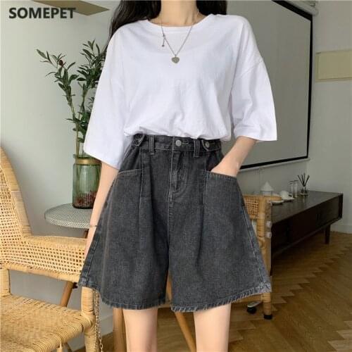 2021 summer blue five-point jeans high waist button waist shorts womens casual loose large size wide leg shorts denim hot pants