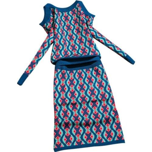 Geometric fashion off-the-shoulder sweater suit autumn and winter ladies long-sleeved sweater skirt two-piece wome
