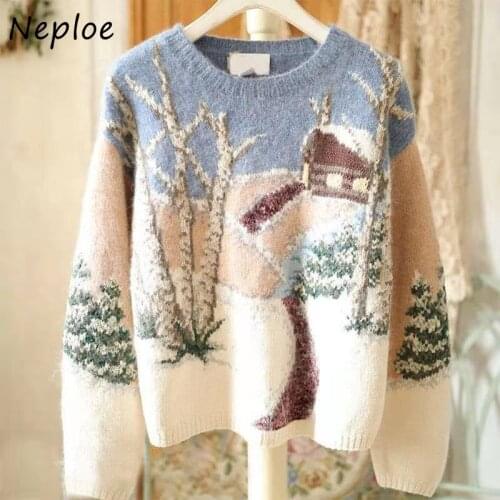 Neploe Womens Sweater Autumn and Winter Wear New O-Neck Picture Printing Sweater Women Japanese Vintage Knitted Pullovers Coat