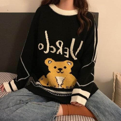 New Sweater Women Fall/winter Japanese Style Lazy Wind Pullover Round Neck Retro Bear Student Loose Sweater