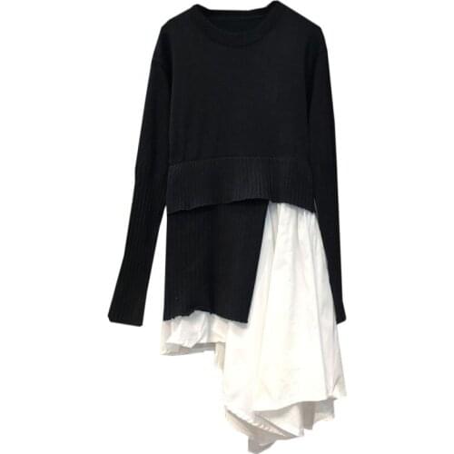 PERHAPS U Women Black White O Neck Long Sleeve Knitted Patchwork Winter Autumn Long Top B0211