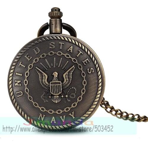 100pcs/lot 0017# united states navy design bronze color pocket watch quartz watch with necklace chain